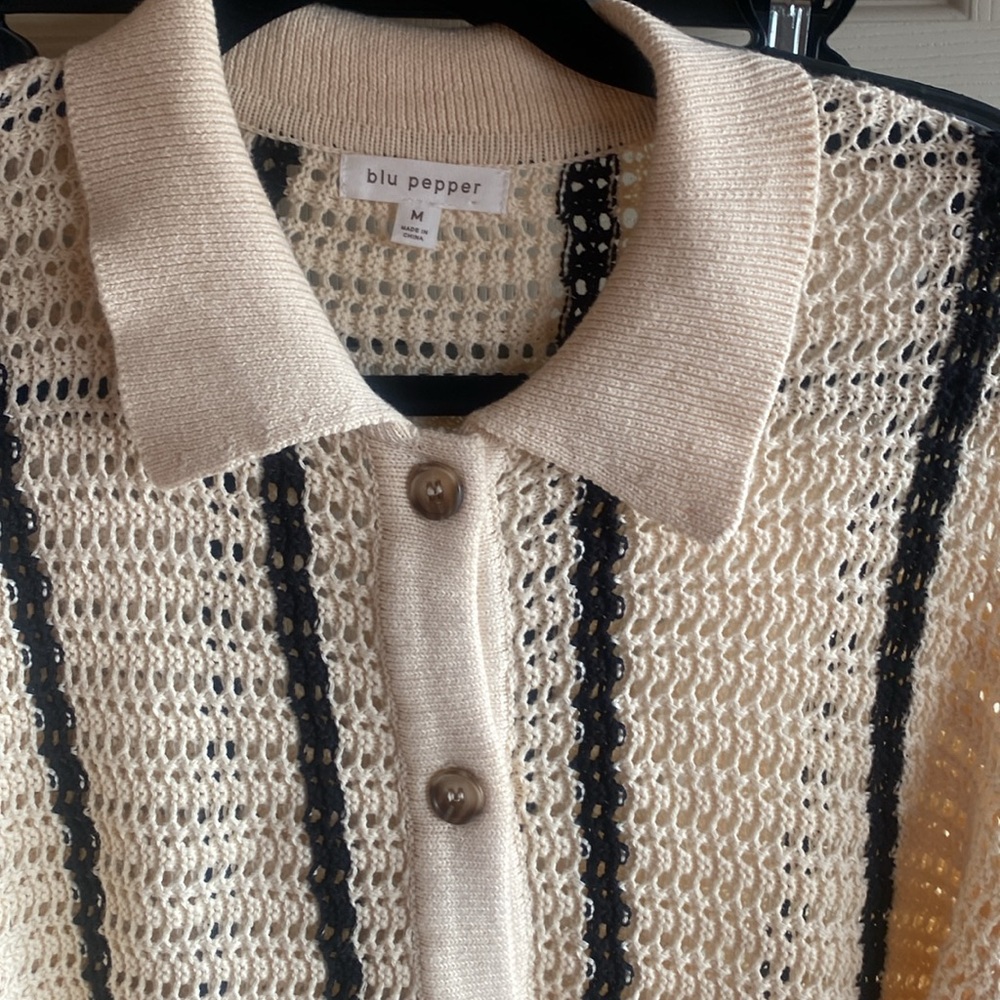 Blu Pepper NWT Back Tie Open Stitch Collared Long Sleeve 100% Cotton Sweater - Picture 6 of 13